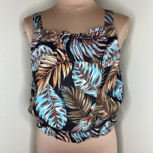 Jane and Delancey Tank Top Womens Small Tropical Palm Leaf Blouson Woven Brown - Picture 1 of 7